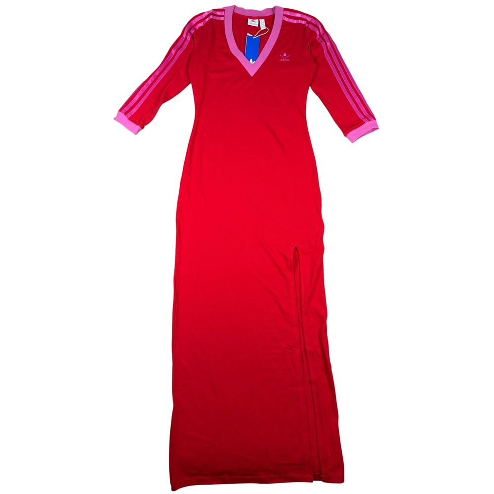 Adidas Originals Classic 3-Stripes Cotton Maxi Red Dress Pink Accents Size Small